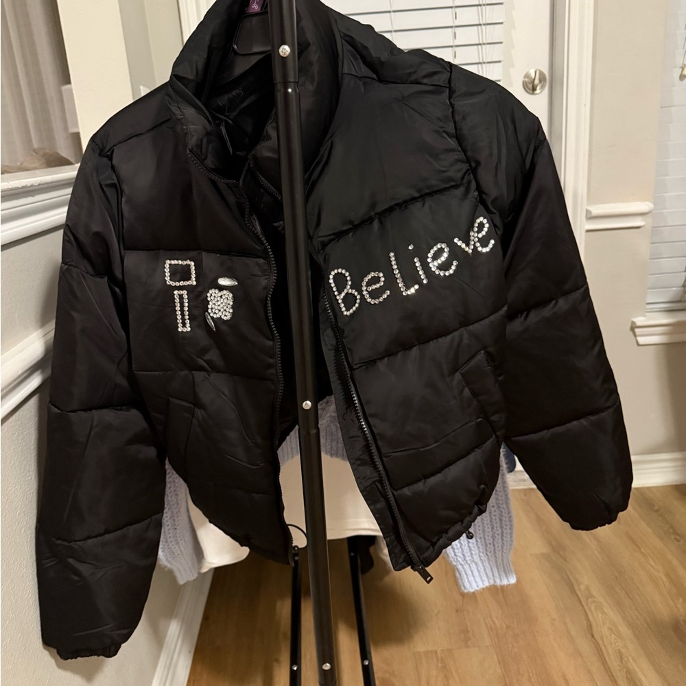 Black Puffer Jacket with Embellishments handmade designs best for outing